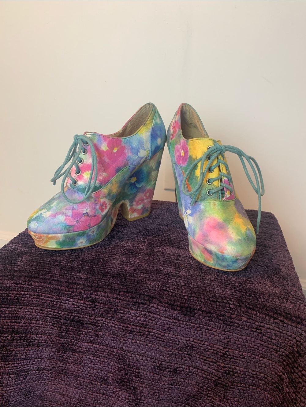 Ecote Lace Up Floral Wedges with Round Toe
